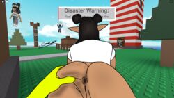 1boy 1boy1girl 1girls anus artist_request ass ass_grab ass_spread back_view bent_over black_hair bottomless bottomless_female disembodied_hand female female_focus from_behind hair_buns in-game_background male male/female natural_disaster_survival no_panties pointy_ears pov pussy roblox roblox_avatar roblox_background roblox_game shirt source_request spreading spreading_anus t-shirt tan-skinned_female tan_skin white_shirt yellow_skin