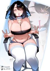 animal_ears artist_name bangs bare_shoulders bikini black_bikini black_hair blue_eyes blush borrowed_character breasts bubble_tea bubble_tea_challenge bunny_ayumi cleavage curvy denim denim_shorts disposable_cup drinking_straw female hair_ornament hairclip highleg huge_breasts large_breasts looking_at_viewer midriff mole navel short_hair short_shorts shorts sitting skindentation solo strapless swimsuit tagme tail thick_thighs thighhighs thighs v white_legwear wide_hips