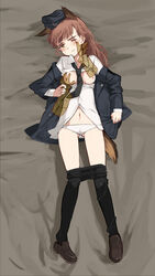 alexandra_serbanescu animal_ears blush breasts breasts_out chikiso clothing disembodied_hand disembodied_hands female_focus frown groping hat long_hair necktie necktie_between_breasts open_clothes panties pantyhose pointy_chin small_breasts strike_witches tail tights white_panties wince wink yellow_eyes