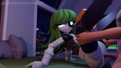 1boy 1boy1girl 1girl1boy animated background_noise green_hair legs_up mimi_sentry on_bed pillow rain raining robot robot_girl robot_voice selinestudio sound tagme team_fortress_2 video window