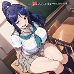 1girls ai_generated blue_hair castle12 collarbone female female_only hi_res large_breasts long_hair love_live! love_live!_sunshine!! matsuura_kanan necktie ponytail purple_eyes schoolgirl shirt sitting sitting_on_chair skirt smile socks solo thick_thighs thighs