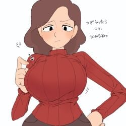 1girls big_breasts big_breasts breasts breasts eye_contact female hilda_(series) huge_boobs huge_breasts johanna_(hilda) looking_at_viewer looking_down mature_female milf pointing_at_breasts serious sweater text