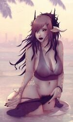 1girls au_ra black_hair black_panties breasts brown_hair dragon_horns dragon_tail english_commentary female female_pubic_hair final_fantasy final_fantasy_xiv gradient_hair highres horns large_areolae medium_breasts multicolored_hair navel panties panty_pull plexi pubic_hair red_lips red_nails see-through_clothes solo soranamae standing tail underwear viewfinder water white_scales