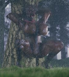alien_girl blind_eye female_yautja jungle outdoors predator/prey predator_(franchise) raining red_eye squatting