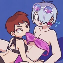 1girls auburn_hair bikini black_bikini blue_background blush brown_hair canon_couple chibi crossdressing earrings embarrassed eyeshadow fangs female gegege_no_kitarou hair_over_one_eye husband_and_wife iwako_(gegege_no_kitarou) kitarou_tanjou_gegege_no_nazo looking_away male medama_oyaji_(human) short_hair sunglasses sunglasses_on_head sweatdrop swimsuit tbsktbwa very_short_hair white_hair wide_eyed