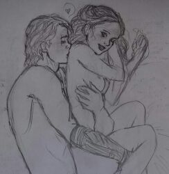 1boy 1girls anakin_skywalker breasts cuddling curly_hair female heart_symbol kissing_back male nipples padme_amidala revenge_of_the_sith robotic_arm sketch star_wars wink younger_male