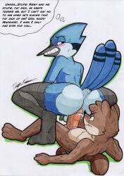anal anal_sex anthro avian balls bird blue_jay bodily_fluids cartoon_network corvid duo fur genitals hi_res jay_(bird) larger_penetrated male male/male male_penetrated male_penetrating male_penetrating_male mammal mordecai_(regular_show) new_world_jay nude oscine passerine penetration procyonid raccoon regular_show rigby_(regular_show) rotten_owl sex simple_background size_difference small_dom_big_sub smaller_male traditional_media_(artwork) white_background