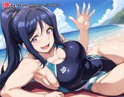 1girls ai_generated beach blue_hair castle12 cleavage female female_only hi_res large_breasts long_hair love_live! love_live!_sunshine!! matsuura_kanan one-piece_swimsuit patreon_logo patreon_username ponytail purple_eyes smile solo swimsuit web_address
