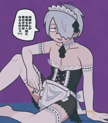 alternate_costume annoyed choker cigarette crossdressing dilf elbow_gloves fangs femboy femboy_dilf full_body gegege_no_kitarou gloves hair_over_one_eye japanese_text kitarou_tanjou_gegege_no_nazo maid maid_headdress maid_uniform male male_only medama_oyaji_(human) nipples_visible_through_clothing pale-skinned_male pale_skin purple_background sitting smoking solo stockings sweatdrop tbsktbwa thighhighs uncomfortable white_hair white_legwear white_thighhighs