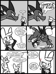 2025 2_horns 3_toes angry anthro big_penis buckteeth casual_nudity claws clothed clothing comic cross-popping_vein cute_fangs demon dialogue dragon emerald_(ultilix) english_text erection european_mythology eyebrows fangs feet feral genitals greyscale hair half-closed_eyes hand_on_head hand_on_hip horn humanoid_genitalia humanoid_penis inside jacket kerchief lagomorph larger_feral larger_male leporid looking_at_another looking_down male mammal monochrome motion_lines mythological_creature mythological_scalie mythology narrowed_eyes nervous nipples nude onomatopoeia open_clothing open_jacket open_mouth open_topwear penis rabbit raised_eyebrow scalie sharp_teeth size_difference smaller_anthro smaller_male smile sound_effects speech_bubble spot_color teeth text to-be-named-later toe_claws toes topwear ultilix wes_(ultilix) western_dragon yelling