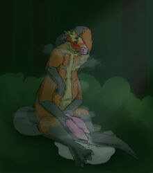 averagebovinebuddy blush bodily_fluids chimera cum fangs genital_fluids grey_body hair hi_res male masturbation musk musk_clouds orange_body precum solo sweat taur teeth white_hair