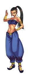 baggy_pants bare_shoulders black_hair bracelet breasts cg cleavage curvy dark-skinned_female dark_skin earrings female full_body hentai_heroes hoop_earrings jewelry kinkoid large_breasts long_hair makeup midriff nabooru navel official_art pants parody ponytail sheheramazond_(hentai_heroes) smile solo standing strapless transparent_background tube_top wide_hips yellow_eyes