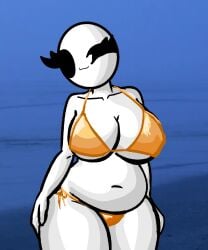1girls :3 bald bald_female belly belly_button big_breasts bikini bikini_bottom bikini_top black_eyes blue_background breasts chetoh chubby chubby_female claire_(chetoh) cleavage egg female female_only gold_bikini gold_bikini_bottom gold_bikini_top golden_bikini golden_week hand_on_hip looking_at_viewer oc original original_character smile smiling_at_viewer white_body wink winking_at_viewer