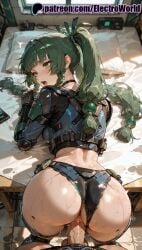 1boy 1girls 2025 ai_generated all_fours artist_name ass bed blush breasts breasts breasts bust chest clitoral_hood clothed_sex doggy_style doggy_style doggystyle_position electroworld exposed_pussy female from_behind from_behind_position fucking green_hair hi_res high_quality high_resolution highres intercourse juicy_pussy long_hair love_making on_bed open_mouth panties patreon patreon_username penetration pillow pussy qingyi_(zenless_zone_zero) rear_entry sex sex_from_behind sexual_intercourse stable_diffusion straight tight_pussy vagina vaginal_penetration watermark weapon zenless_zone_zero