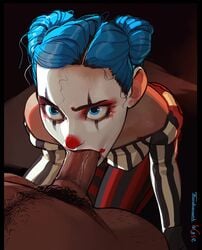 1boy 1girls 2d animated bare_shoulders big_penis black_lipstick blowjob blue_eyes blue_hair close-up clothed clothed_female clothed_female_nude_male clothed_sex clothing clown clown_girl clown_makeup cum cum_in_mouth cum_in_throat cum_inside deepthroat deepthroat_mark double_bun edit egirl erection eye_contact eyelashes eyes_closed eyeshadow facepaint fellatio female female_focus hair incase kneeling lipstick lipstick_mark lipstick_on_penis lipstick_ring longer_than_30_seconds looking_up makeup male messy_hair naughty_face no_sound oral oral_sex original original_character pale_skin penis pleasure_face pov red_eyeshadow red_lipstick saliva saliva_trail seductive_eyes seductive_look skinny slim smeared_lipstick straight tarakanovich twintails veiny_penis video