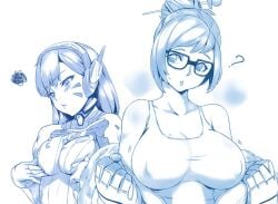2girls ? annoyed bare_shoulders beads blush blush_stickers bodysuit breast_envy breast_press breasts breasts_squeezed_together chestnut_mouth cleavage coat collarbone covered_erect_nipples crop_top d.va_(overwatch) facepaint facial_mark fur glasses gloves hair_bun hair_ornament hair_stick hairpin headphones large_breasts lips long_hair long_sleeves mei_(overwatch) monochrome multiple_girls overwatch overwatch_1 pout short_hair sidelocks simple_background single_hair_bun squiggle tank_top undressing whisker_markings white_background yui.h