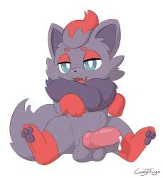 absurd_res animal_genitalia animal_penis balls blue_eyes blush blush_lines bodily_fluids canine_genitalia canine_penis cum cum_drip dripping feral fur generation_5_pokemon genital_fluids genitals gooeythings grey_body grey_fur hi_res looking_at_viewer male nintendo pawpads penis pokemon pokemon_(species) red_body red_fur sitting snaggle_tooth solo zorua