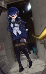 absurdres arms_behind_back black_pantyhose black_shoes blindfold blindfold_slip blue_hair blue_jacket blue_necktie blue_skirt blurry blurry_background bound bound_arms bound_thighs breasts brown_eyes cad_(caddo) collared_shirt commentary commission diagonal-striped_clothes diagonal-striped_necktie english_commentary female full_body glint highres idolmaster idolmaster_(classic) indoors jacket kisaragi_chihaya long_hair long_sleeves necktie open_clothes open_jacket open_mouth pantyhose pleated_skirt rope second-party_source sex_toy shirt shoes skirt solo standing striped_clothes sweatdrop tape vibrator vibrator_cord vibrator_under_clothes walking white_shirt