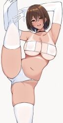 :d black_choker breasts brown_eyes brown_hair choker collarbone elbow_gloves female gloves highres large_breasts looking_at_viewer mole mole_on_breast navel open_mouth original panties short_hair simple_background smile solo split standing standing_on_one_leg standing_split stomach sukebewe tan tanline thighhighs thighs underboob underwear white_background white_gloves white_panties white_thighhighs