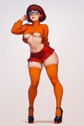 ai_generated breasts glasses high_heels looking_at_viewer microskirt no_bra scooby-doo stockings sweater thighs velma_dinkley