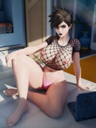 1girls 2025 3d alternate_breast_size areolae black_lipstick blizzard_entertainment breasts brown_eyes brown_hair cameltoe curvaceous curvy curvy_body curvy_female curvy_figure ear_piercing female female_focus female_only fishnet_clothing fishnet_topwear full_body goth goth_girl highleg_panties hourglass_figure indoors large_breasts lena_oxton light-skinned_female light_skin looking_at_viewer makeup narrow_waist navel nipple_piercing nipples on_bed overwatch overwatch_2 panties piercing rhywlad see-through see-through_clothing see-through_top short_hair sitting_on_bed solo solo_female thick_thighs thighs tracer wide_hips