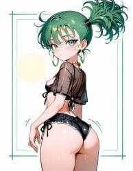1girls ai_generated ass back_view clothed curly_hair green_eyes green_hair legs one-punch_man short_hair shorts tatsumaki tied_hair