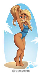 1girls activision anthro armpits arms_behind_head bandicoot barefoot blonde_hair breasts coco_bandicoot crash_(series) crash_bandicoot_(series) feet female female_only furry_ears green_eyes hair_lift hands_in_hair long_hair marsupial naughty_dog navel one-piece_swimsuit paracose solo_female swimsuit thick_thighs video_games