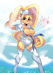 1girls activision anthro bandicoot big_breasts blonde_hair cleavage coco_bandicoot crash_(series) crash_bandicoot_(series) exposed_breasts female female_only furry_ears green_eyes long_hair naughty_dog nipples nudity pointy_chin ponytail sailor_uniform salute sea thick_thighs thighhighs vgls4 video_games zrcr777