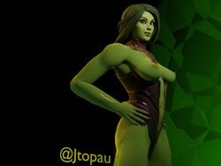 1girls 3d 3d_(artwork) armpit belly_button big_breasts breasts dark_hair female female_only fortnite green_body green_hair green_skin hands_on_hips hulk_(series) jtopau leotard long_hair marvel marvel_comics nipples painted_nails partially_clothed revealing_clothes she-hulk she-hulk_(fortnite) simple_background solo tagme thighs