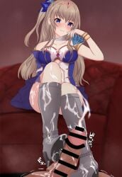 1boy 9-nine- absurdres armlet bar_censor bare_shoulders blue_bow blue_dress blue_eyes blurry blurry_background bootjob boots bow bracelet breasts brown_hair censored choker cleavage closed_mouth collarbone commentary_request commission convenient_leg couch cum cum_on_body cum_on_feet cum_on_legs dress ejaculation erection female footjob footjob_with_legwear full_body grey_boots hair_between_eyes hairbow hand_up high_heel_boots high_heels highres indoors jewelry kujou_miyako large_breasts long_hair looking_at_viewer naughty_face official_alternate_costume official_alternate_hairstyle on_couch one_side_up penis pov pov_crotch ronpa shoejob short_dress sitting skeb_commission smile solo_focus sound_effects split_mouth straight strapless strapless_dress testicles tiara two-footed_footjob two-tone_dress white_choker white_dress