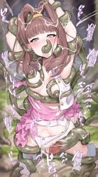 absurdres arms_up blush breasts brown_hair clothing_aside commentary_request cum cum_in_pussy digimon digimon_xros_wars ejaculation fellatio female fukuiii0110 highres long_hair medium_breasts nene_amano nipples oral panties panties_aside purple_eyes restrained solo stomach_bulge tentacle tentacle_sex torn_clothes underwear vaginal_penetration variant_set white_panties