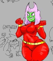 1boy 1girls big_ass big_breasts breasts butt_witch dialogue female female_focus ghastlybum green_skin pink_hair red_bodysuit scared_bum sona_(scared_bum) tagme