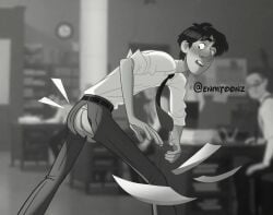 1boy 4k accidental_exposure anus ass background_characters balls blurry_background blush disney djunderground123 enmtoonz formal_wear george_(paperman) hi_res jpg male male_only monochrome office paperman_(film) papers suit_and_tie torn_pants