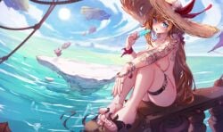 admiral_bahroo anklet bangs beach blue_eyes blush breasts day dutch_angle eating female food hat holding_food horizon long_hair looking_at_viewer ocean outdoors popsicle ribbon sandals sitting sky solo sun_hat swimsuit tagme tattoo thigh_strap toes very_long_hair water