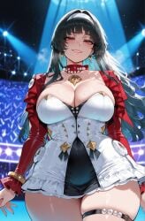 1girls ai_generated astra_yao bangs bare_shoulders black_hair blunt_bangs blush breasts choker clavicle cleavage clothing collar covered_navel cropped_jacket curvaceous curvaceous_female curvaceous_figure curvy curvy_figure dress earrings female female female_focus female_only frills grin hair_intakes hair_ornament hairband headwear huge_breasts indoors jacket jewelry large_breasts legwear lips long_hair long_sleeves looking_at_viewer miyuai mole navel necklace night off_shoulder open_clothes open_jacket parted_lips red_eyes red_jacket short_dress skindentation skirt sky smile solo stage_lights standing sweat thick_thighs thigh_strap thighs voluptuous voluptuous_female white_dress white_hairband zenless_zone_zero