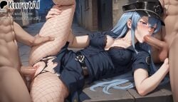 1girls 2boys ai_generated akame_ga_kill! artist_name artist_signature black_bra black_headwear blue_eyes blue_hair blush bra breasts clothed_female_nude_male collarbone double_penetration esdeath_(akame_ga_kill!) fellatio fishnet_pantyhose fishnets group_sex hair_between_eyes hat hi_res high_resolution highres kurutai long_hair lying medium_breasts mmf_threesome multiple_boys nude on_back oral outdoors panties pantyhose patreon peaked_cap penis police pussy sex shirt skirt solo_focus spitroast spread_legs straight testicles threesome torn_clothes torn_pantyhose uncensored underwear uniform vaginal_penetration