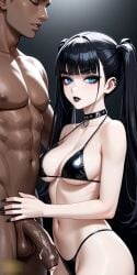 ai_art ai_generated balls bangs black_bikini black_eyeshadow black_hair black_lipstick black_nails black_penis blue_eyes breasts choker cock dark-skinned_male dark_penis dark_skin dripping_semen ear_piercing female foreskin goth goth_girl gothic gothic_girl human human_female latex_bikini light-skinned_female light_skin looking_at_viewer looking_pleasured male male/female medium_breasts naked naked_male nude nude_male pale-skinned_female pale_skin penis semen sexy_pose taller_male testicles thong twintails