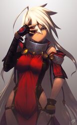 alpha-01 blazblue eyepatch female fingerless_gloves gloves green_eyes hell_machina highres long_hair metal ragna_the_bloodedge rule_63 rule_63 silver_hair very_long_hair