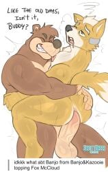 absurd_res anal anal_sex anthro ass banjo-kazooie banjo_(banjo-kazooie) bear blush blush_lines brown_body butt_grab canid canine dialogue duo fox fox_mccloud green_eyes hand_on_butt hi_res ledange looking_pleasured male male/male mammal nintendo nipples nude penetration penile penile_penetration rareware simple_background smile star_fox text white_background