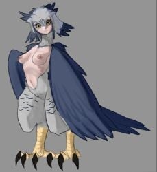 accipitrid accipitriform areola avian bird black_claws black_sclera blue_body blue_feathers breasts claws dddoodles eagle european_mythology eyelashes feathered_wings feathers female front_view greek_mythology grey_background grey_body grey_feathers grey_hair hair harpy harpy_eagle humanoid looking_at_viewer mythological_avian mythological_creature mythology navel nipples nude pink_areola pink_nipples scales simple_background small_breasts solo tan_body tan_skin winged_arms winged_humanoid wings yellow_body yellow_eyes yellow_scales
