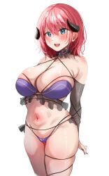 :d areola_slip bikini black_horns black_sleeves blue_eyes breasts commentary_request detached_sleeves female highres horns large_breasts looking_at_viewer micro_bikini open_mouth original pink_hair purple_bikini pussy pussy_peek simple_background smile solo standing swimsuit teeth thighs tongue upper_teeth_only white_background yuzuki_tsuzuru