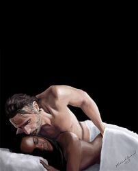 1boy 1girls african_female beard bed caucasian_male couple dark_skin dark_skinned_female dreadlocks fanart female_on_top light-skinned_male light_skin love michonne richonne rick_grimes romantic sex sex_on_bed the_walking_dead touching_ass