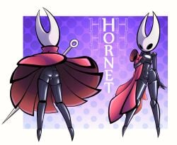 2025 2_horns 5_fingers anthro arthropod ass biped black_body black_eyes cloak clothed clothing english_text female fingers flat_chested front_view genitals hi_res holding_clothing holding_melee_weapon holding_object holding_weapon hollow_knight horn hornet_(hollow_knight) jellli melee_weapon multiple_images name_drop nude pinup pose pussy rear_view red_cloak red_clothing solo standing team_cherry text weapon white_head white_text