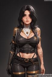 abs ai_generated arm_tattoo bangs bare_shoulders belt black_gloves black_hair black_pants breast_tattoo breasts brown_eyes clair_obscur:_expedition_33 cleavage closed_mouth clothing covered_nipples crop_top earrings facial_tattoo female female female_only gloves jacket jewelry jousneystudio large_breasts lips long_hair looking_at_viewer lune_(clair_obscur:_expedition_33) medium_breasts midriff navel necklace original pants shirt single_glove solo standing tattoo thighs