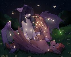 arthropod bat_pony beetle covered_eyes cowgirl_position duo elateroid equid equine female feral firefly from_front_position hasbro hi_res horse insects lionbun lying_on_grass male male/female mammal meadow my_little_pony mythological_creature mythological_equine mythology night on_bottom on_top pegasus sex wings
