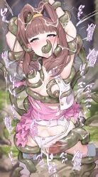 absurdres all_the_way_through arms_up blush breasts brown_hair clothing_aside commentary_request cum cum_in_pussy digimon digimon_xros_wars ejaculation fellatio female female_ejaculation fukuiii0110 highres long_hair medium_breasts nene_amano nipples oral panties panties_aside purple_eyes restrained rolling_eyes solo stomach_bulge tentacle tentacle_sex torn_clothes underwear vaginal_penetration variant_set white_panties