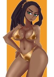 1girls brown_hair dark-skinned_female dark_skin dreadlocks female female_only gold_bikini green_eyes large_breasts ponytail rox_(badjujuarts) solo
