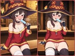 ai_generated black_panties breasts breasts_out collage dress heavy_breathing kono_subarashii_sekai_ni_shukufuku_wo! legwear licking licking_popsicle megumin nipples open_mouth panties panties_around_leg panties_down popsicle pussy saliva short_dress sitting sitting_on_table small_breasts tavern tongue virgin witch_hat