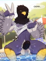 anthro athletic athletic_anthro athletic_male avian ball_tuft balls beak big_balls big_penis bird black_body black_feathers bouncing_penis bulge calvin_(skelloinn1) clothed clothing clothing_lift corvid drunkrussianman erection feather_hands feathers foot_in_water foreskin front_view genitals hi_res humanoid_genitalia humanoid_penis magpie_(corvid) male oscine passerine penis poolside scuted_legs scutes shirt shirt_lift sitting solo swimming_pool tail tail_feathers taiwan_blue_magpie topwear translucent translucent_clothing tuft wet wet_clothing wet_shirt wet_topwear yellow_eyes
