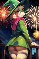 1boy ai_generated anthro ass balcony belt big_eyes bubble_butt buns deltarune diplive7 excited exposed exposed_ass fireworks furry glasses glasses_on_face green_clothing looking_at_viewer male male_only night no_panties nude nude_male outdoors purple_eyes ralsei remade remake remastered scarf skirt_lift smile smiling smiling_at_viewer solo suprised thick thick_ass thick_male thick_thighs thighs tuft upskirt upskirt_photo upskirt_view